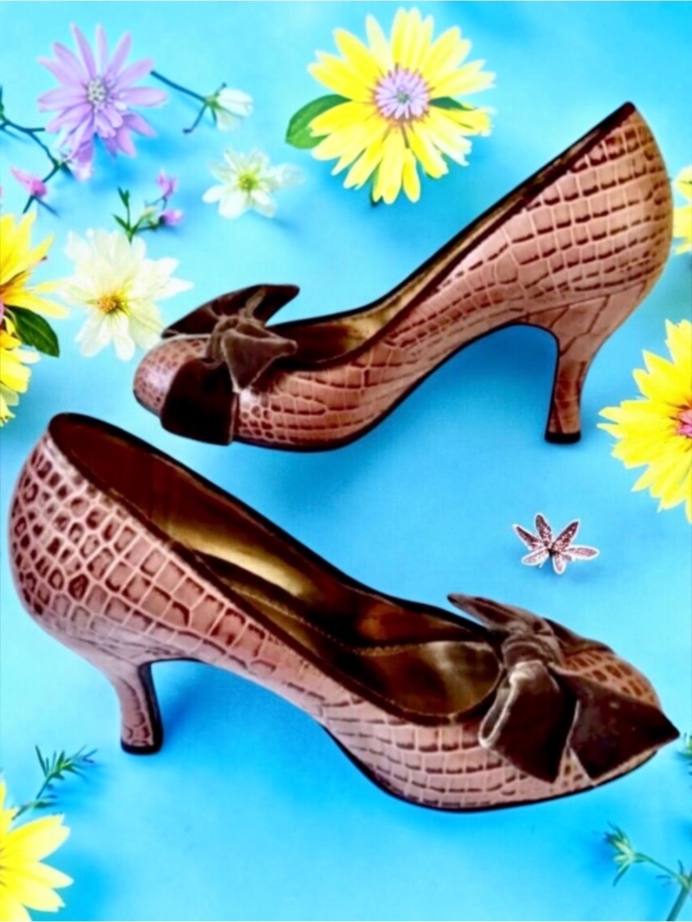 Franco Sarto Vintage 90s Brown Croc Leather Velvet Bow Pumps Heels 7.5 Brazil